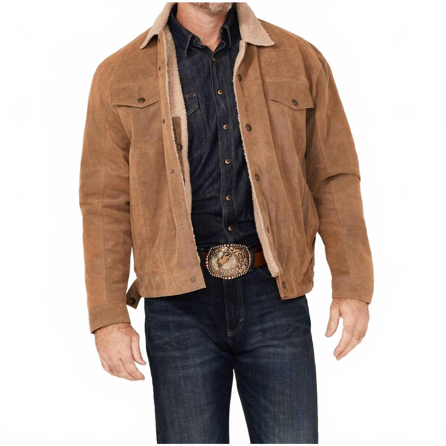 New Cripple Creek Men's Sherpa Lined Suede Trucker Jacket In Tan
